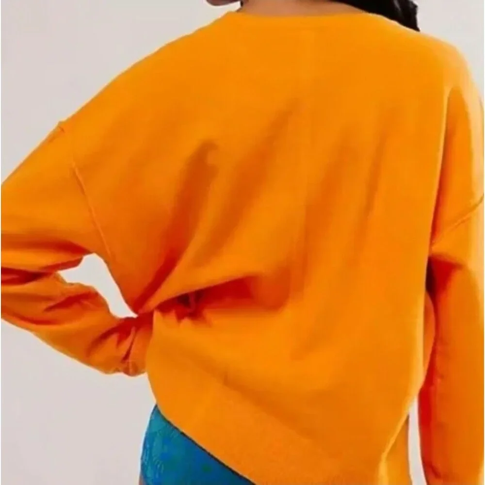 FREE PEOPLE Women’s Luna Pullover Crewneck Sweater Marigold Orange Sz L NWT D30‎